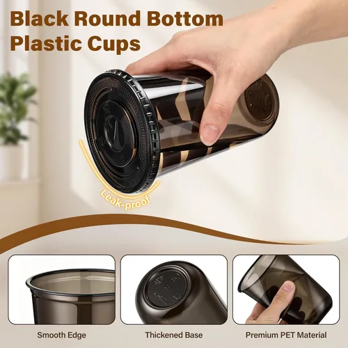 Miniatura 4 de KesaPlan Paquete de 50 tazas de plástico negro de 16 onzas con tapas y pajitas, taza de café helado desechable con tapas, tazas de fondo redondo
