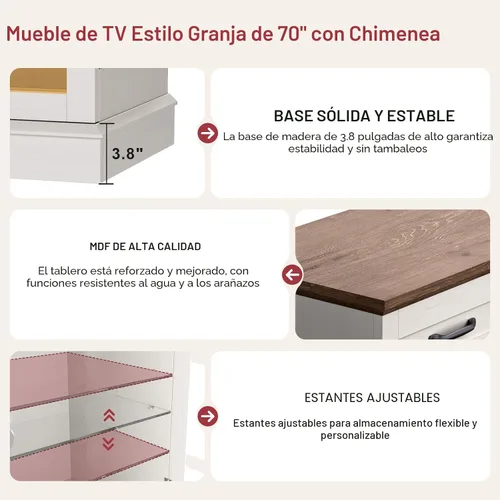 Miniatura 3 de MXV Soporte de TV con chimenea de 70 pulgadas, chimenea de vidrio de 3 lados y centro de entretenimiento moderno, consola multimedia de madera