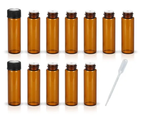Miniatura 10 de Juego de 12 botellas de vidrio con tapa de rosca marrón, mini vial de aceite vacío (0.1 fl oz)