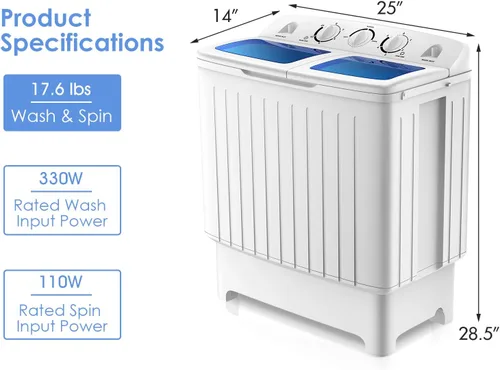 Miniatura 7 de RELAX4LIFE Lavadora y centrifugadora portátil de 20 libras de capacidad, temporizador, mini lavadora y secadora semiautomática para apartamento