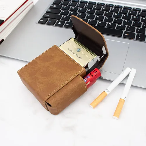Miniatura 3 de Boshiho Caja de cigarrillos de cuero de la PU con encendedor titular bolsa de tabaco el mejor regalo para hombres mujeres (marrón)