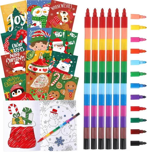 Funrous 24 piezas de libros para colorear de Navidad al por mayor con juego de 24 crayones apilables, mini libros para colorear de Navidad para