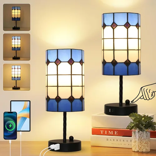 Lámpara De Mesa De Vidrio Manchado Con Puerto USB, Lámpara De Escritorio Tiffany De 3 Vías Regulable Con Control Táctil Y Bombillas, Lámpara Vintage