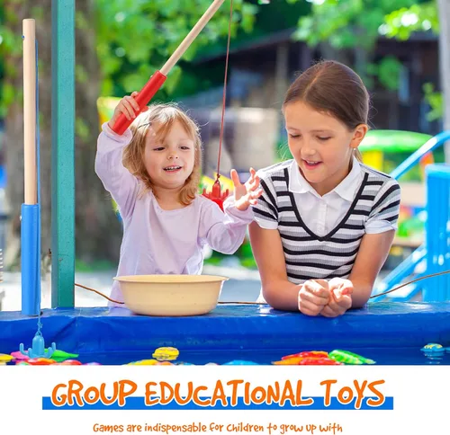 Miniatura 7 de Sumind 6 cañas de pescar magnéticas de madera para niños con ganchos magnéticos, juguete de verano, playa, piscina, actividad, regalos para jardín