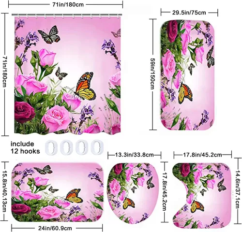 Miniatura 2 de Juego de cortinas de ducha de baño, 5 piezas, cortina de baño de tela impermeable con 12 ganchos, cubierta para tapa de inodoro y tapete de baño