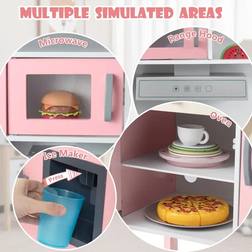 Miniatura 3 de Costzon Juego de cocina para niños, juego de cocina de madera con sonido, microondas, horno, máquina de hielo, campana extractora, estufas