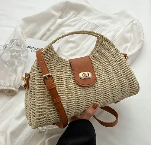 Miniatura 3 de Bolso cruzado de paja tejida a mano para mujer, bolso de hombro con asa superior de ratán para playa de verano, bolso de mano