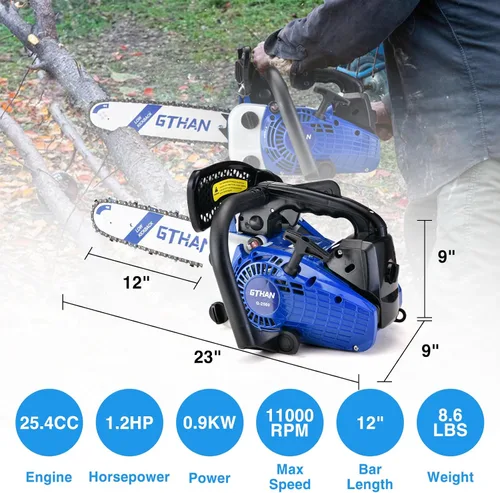 Miniatura 3 de 25.4cc Motosierra de mango superior 2 ciclos, motosierra de gas de 12 pulgadas, motosierra de gasolina portátil de mano inalámbrica para corte