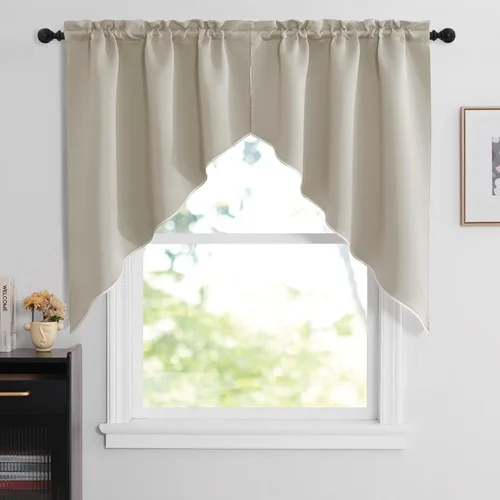 Miniatura 47 de NICETOWN Home Fashion - Cortinas de cocina con bolsillo para poste, cenefa festoneada a medida, cenefa festoneada sólida para ventana de Marrón