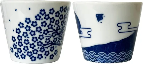 Miniatura 6 de Juego de 2 tazas de sake japonesas - Sakura y Monte Fuji Design, cerámica de color índigo, 3.9 onzas líquidas, para bebidas frías y calientes, taza