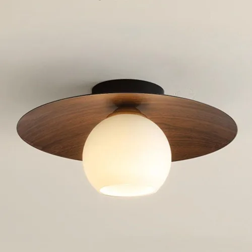 Lámpara de techo minimalista moderna de globo de vidrio blanco redondo con veta de nuez, lámpara de techo semiempotrada con veta de madera nórdica