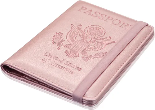 Miniatura 8 de ACdream - Funda para pasaporte, billetera o cartera de viaje de piel con bloqueo RFID para pasaporte con cierre de banda elástica, Ab-oro rosa)