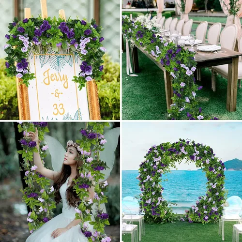 Miniatura 8 de JUSTOYOU Paquete de 2 guirnaldas de rosas falsas (15.8 pies), rosas artificiales, enredaderas, guirnalda de flores para colgar, vid floral, boda