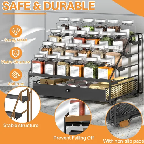 Miniatura 4 de DTUQYX Organizador de especias para gabinete: organizador de especias ajustable de 4 niveles con cajón, estante de metal de profundidad para Negro