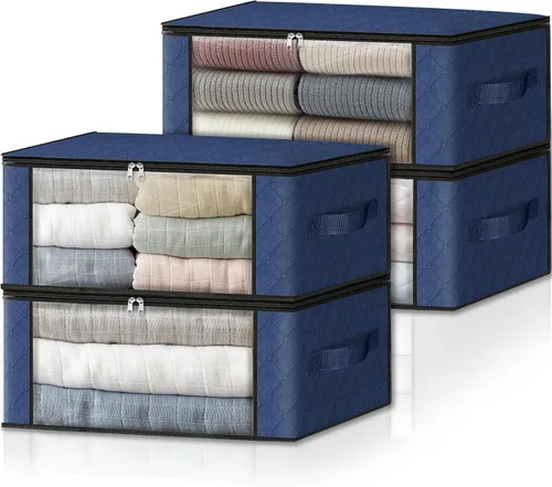 Miniatura 20 de HomeHacks Paquete de 3 bolsas organizadoras de ropa, caja de almacenamiento plegable con gran ventana transparente y asas resistentes para armario