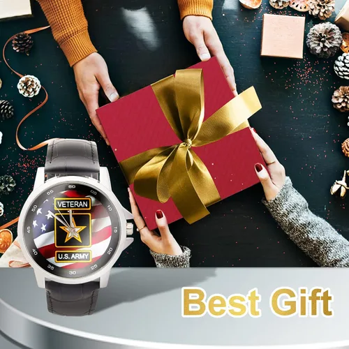 Miniatura 8 de Diseño especial Militar Ejército de los Estados Unidos Veterano y Bandera Americana Personalizada Unisex Acero Inoxidable Correa de Cuero Reloj Caja