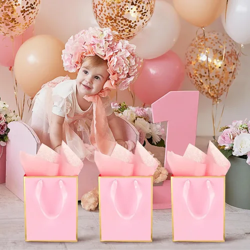 Miniatura 6 de Yeaqee Paquete de 24 bolsas de regalo de papel metálico con asa y papel de seda 9 x 7 x 3.1 pulgadas, papel de aluminio dorado, bolsas de regalo