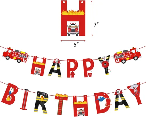 Miniatura 2 de Cartel de feliz cumpleaños de camión de bomberos para niños y adultos, bomberos de rescate de bomberos, letrero de fiesta de cumpleaños, suministros
