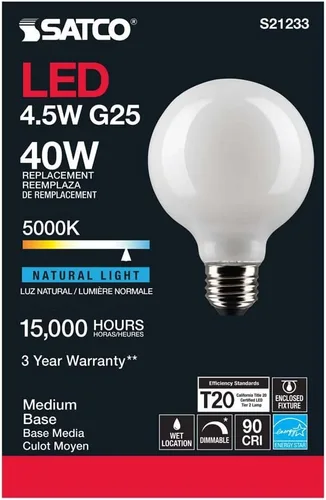 Miniatura 5 de Satco S21233 - Bombillas LED G25 de 4.5 W en acabado blanco brillante, luz blanca diurna de 5000 K, 350 lúmenes, 90+ CRI, 120 V, regulable