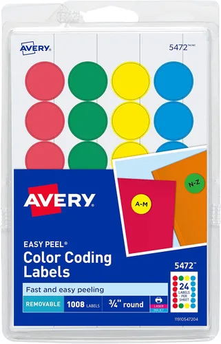 Avery - Etiquetas de codificación de color o blancas, 0,75 pulgadas, extraíbles, redondas, paquete de 1,008 (5472)