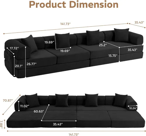 Miniatura 2 de Sofá cama modular en forma de U de 141.73 pulgadas, sofá de pana modular 6 en 1 con sensación suave como una nube, bolsa de almacenamiento
