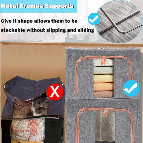 Miniatura 3 de Bolsas de almacenamiento grandes de 100 litros, contenedores apilables de lino con marco de metal en forma de sujeción, 2 vías de apertura