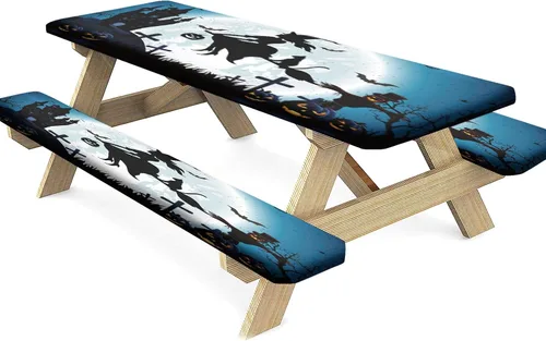 Miniatura 33 de Mantel ajustable para mesa y banco de pícnic de Halloween, diseño de fantasma, impermeable, 28 x 72 pulgadas, juego de 3 piezas, mantel ajustable al