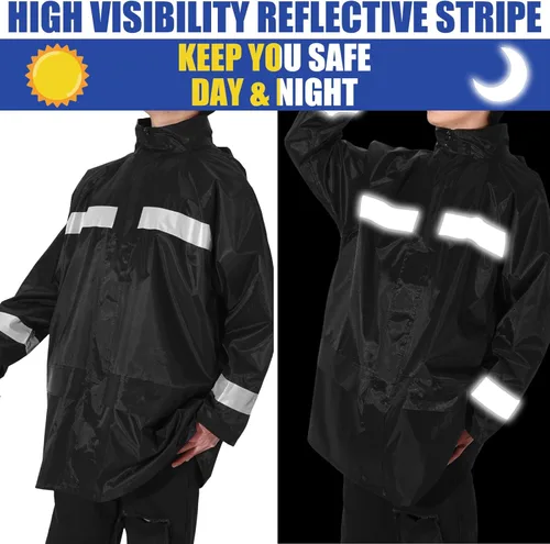 Miniatura 5 de Halfchet Chaqueta de lluvia reflectante para hombre, impermeable, de alta visibilidad, chaqueta de seguridad negra con tira reflectante, 2 piezas