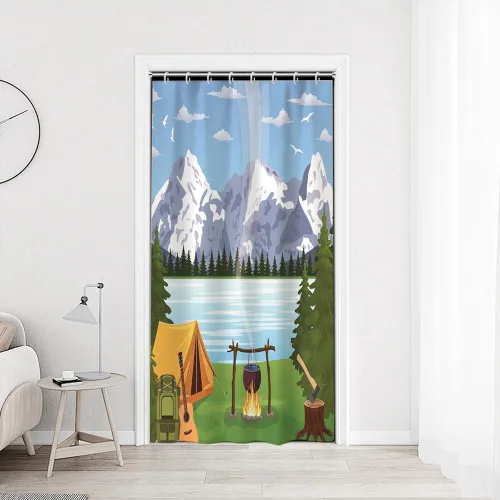 Miniatura 40 de Cortina de ducha Happy Camper de 48 x 72 pulgadas, diseño de caricaturas, remolque, hoguera, aventura al aire libre, cortina de baño para decoración