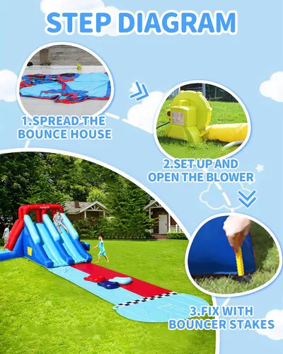 Miniatura 7 de AirMyFun Casa inflable de dinosaurio, tobogán acuático inflable de 2 toboganes para niños con pared de escalada, pozo de pelotas y portería
