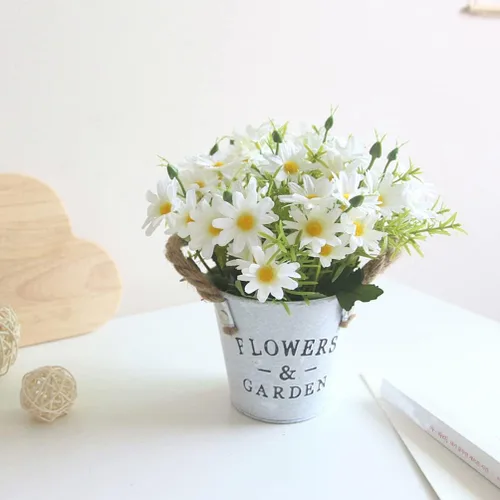 Miniatura 2 de Flores artificiales de margaritas en maceta, flores de seda bonsái con maceta, arreglos florales falsos para decoración de alféizar de la ventana