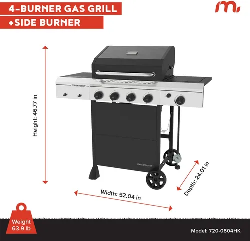 Miniatura 5 de Megamaster - Parrilla de gas de 4 quemadores con quemador lateral y cubierta de parrilla, 52,000 BTUs, área de cocción de 568 pulgadas cuadradas