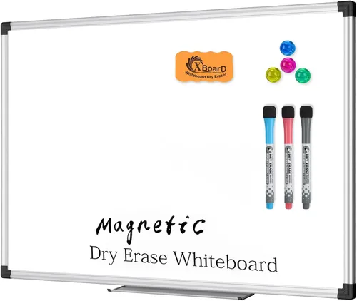 XBoard Pizarra blanca magnética de borrado en seco de 24 x 18 pulgadas, pizarra blanca de doble cara para pared con bandeja de marcadores, tablero