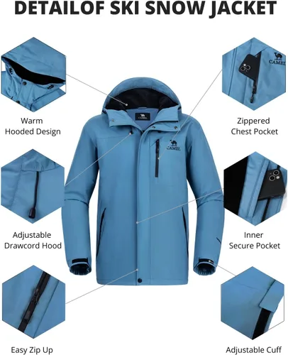 Miniatura 4 de CAMEL CROWN Chaqueta de esquí para hombre, impermeable, abrigo de nieve de invierno, resistente al viento, forro polar cálido, con capucha, parka