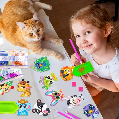 Miniatura 7 de Mczan Juego de 18 calcomanías de pintura de diamantes de animales para niños, kits de arte de gemas para artes y manualidades, kits de arte