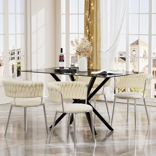 Miniatura 25 de Juego de mesa de comedor de cristal negro de 47 pulgadas para 4, juego de mesa de cocina minimalista moderno y 4 sillas de comedor de terciopelo
