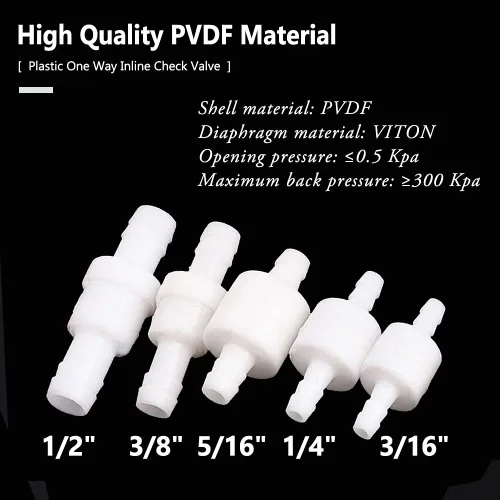 Miniatura 3 de Feelers 1/4" (6 mm) Válvula de retención en línea de una vía antirretorno, válvula de retención de aire, agua y gas, resistencia al ozono, PVDF