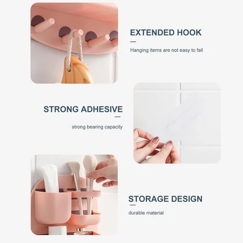 Miniatura 8 de Estante de montaje en pared, organizador de accesorios de mesita de noche con ganchos, almacenamiento adhesivo para teléfono, control remoto, Rosa