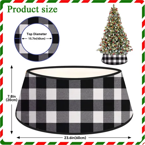 Miniatura 2 de FANPROMS Collar de árbol de Navidad en blanco y negro de 24 pulgadas, diseño de búfalo a cuadros, bordado de terciopelo, falda de árbol, decoración