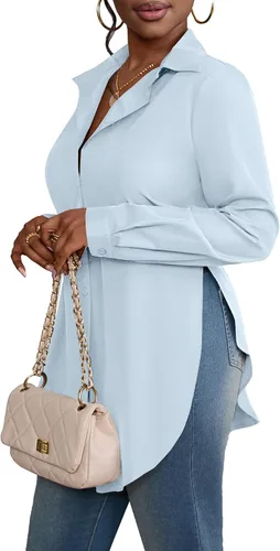 Miniatura 5 de Rooscier Blusa larga con cuello en V para mujer, manga larga, abertura lateral, con botones