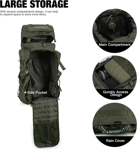 Miniatura 4 de Mardingtop 70L Mochila con armazón interno para caza, camping, senderismo; mochila con cubierta para la lluvia Verde (Ranger Green)