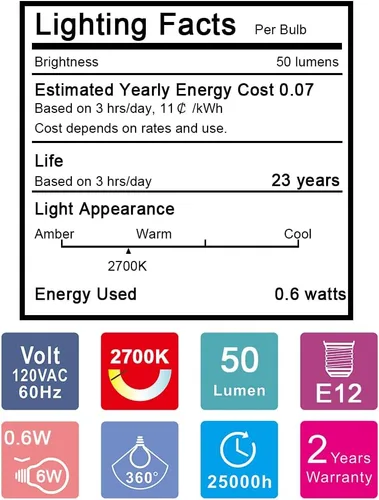 Miniatura 7 de Emotionlite - Bombillas de luz nocturna, bombillas LED C7 para candelabro, base de candelabro E12, equivalente a incandescente de 4 W, 5 W, 6 W, 7