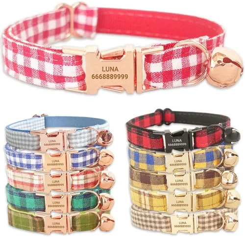 Miniatura 14 de PETDURO Collares de gato a cuadros hechos a mano personalizados con campana y hebilla de metal grabada con nombre personalizado para gatos lindos