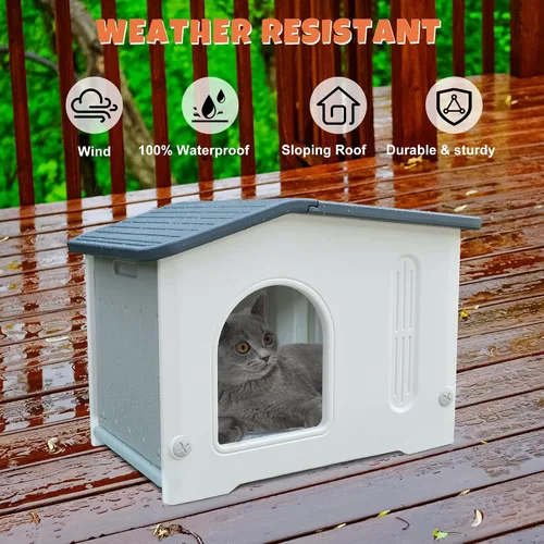 Miniatura 3 de Casa para gatos al aire libre con puerta de escape, casa para gatos con alfombrilla de autocalentamiento, casa para gatos al aire libre, casa grande