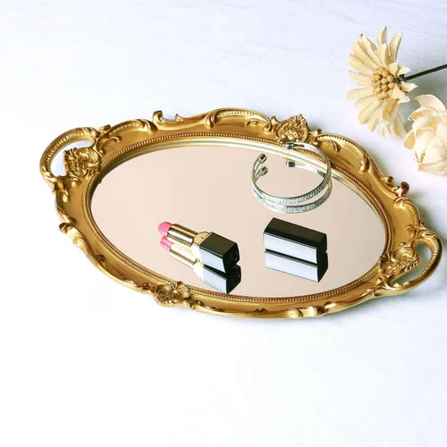 Miniatura 2 de Polyresin Ellipse - Bandeja decorativa antigua para espejo, organizador de maquillaje, organizador de joyas, bandeja para servir, 9.8 x 14.6 Dorado