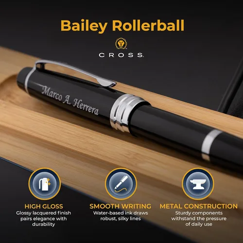 Miniatura 4 de Cross Bailey - Bolígrafo de punta redonda grabada, laca negra con borde cromado, tecnología Selectip, regalo personalizado para ejecutivos, Negro