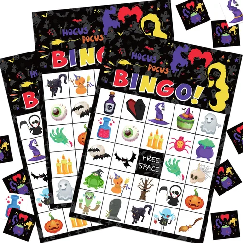 Tarjetas de juego de bingo de Hocus Pocus de Halloween para niños, 24 jugadores, juego de fiesta de Halloween para escuela, aula, actividades