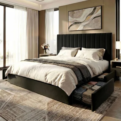 Miniatura 15 de SHA CERLIN Base de cama de plataforma tamaño matrimonial con 4 cajones de almacenamiento, cabecera acolchada vertical con diseño acanalado