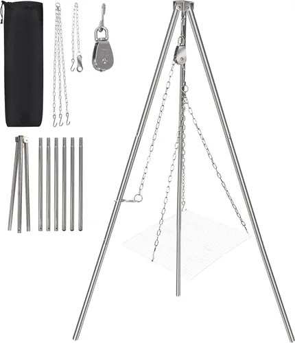 Miniatura 9 de Parrilla Trípode para Fogata para Cocinar, Parrilla Trípode de Fuego para Acampar de Acero Inoxidable Duradera con Rejilla de Parrilla y Bolsa