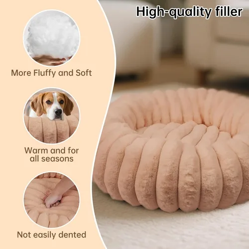 Miniatura 5 de Cama en forma de dona para perros y gatos, lujosa y cómoda cama de pelo sintético de conejo para mascotas, cama redonda antiansiedad calmante